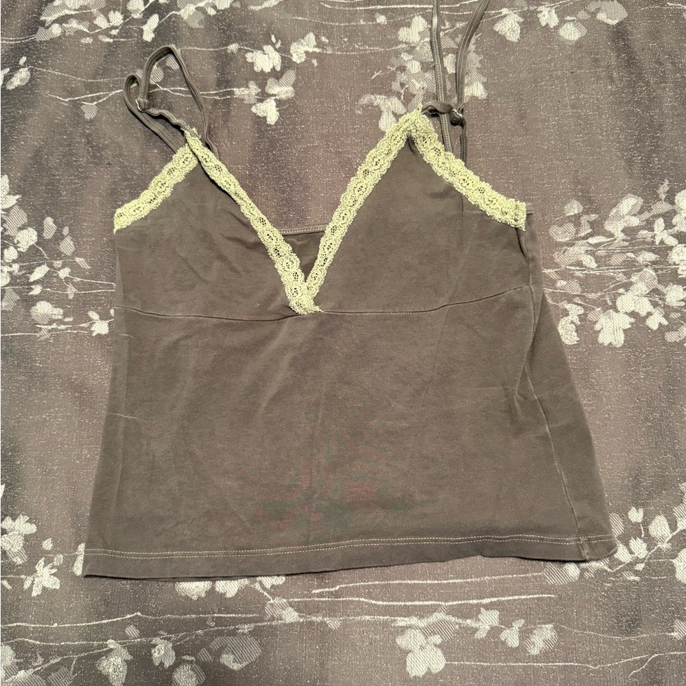 Brandy Melville John Galt Forrest Green Tank Top with Light Green Lace One Size